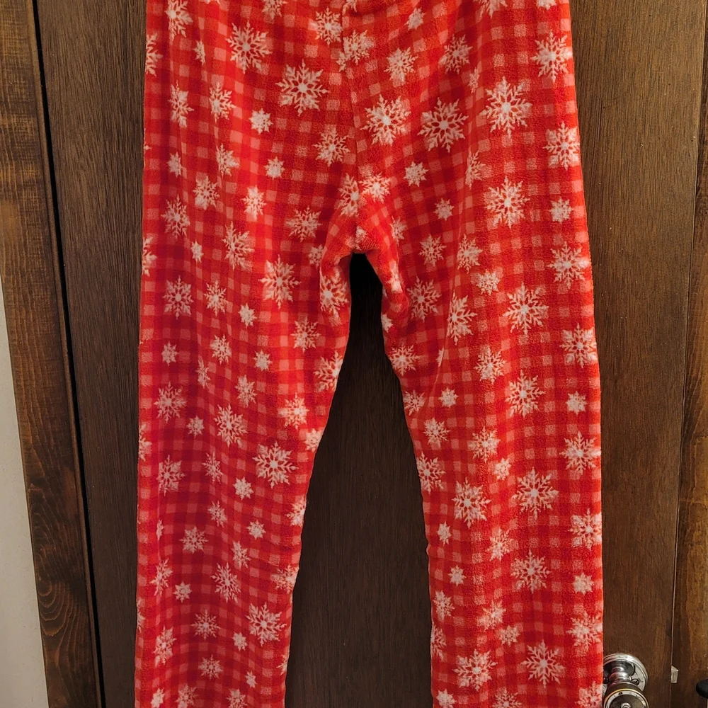 Ladies Large SNOWFLAKE GINGHAM Plush‎ Fleece Pajama Pants Brand New Red White